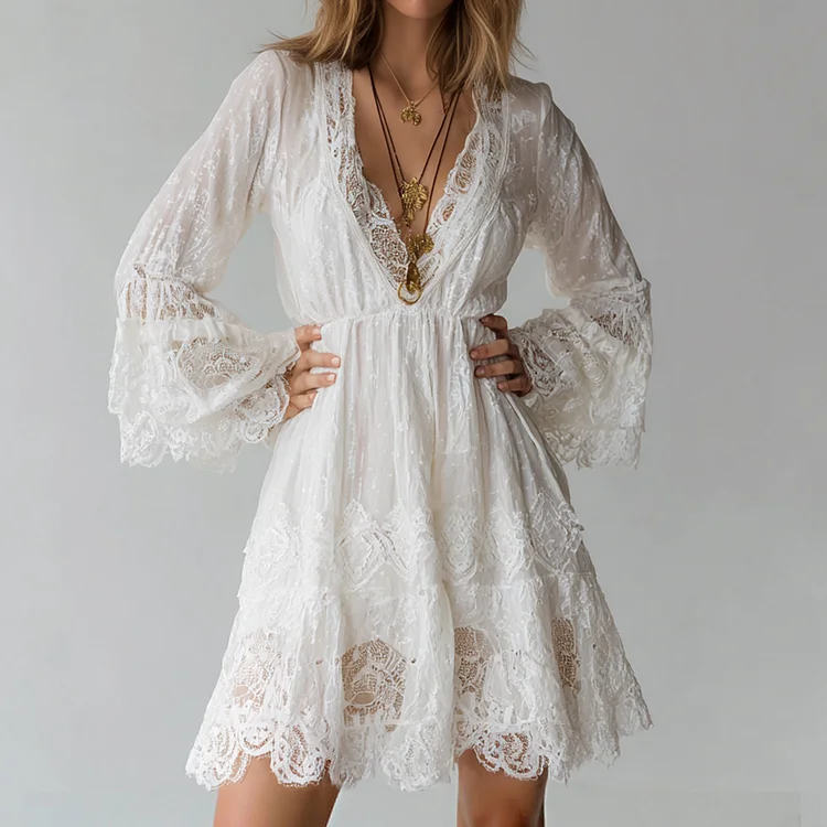 Ursime Deep V Neck Lace Flare Sleeve Mini Dress