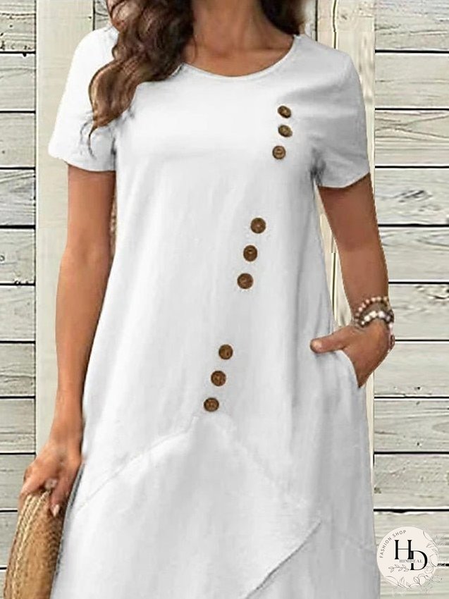 Casual Dress White Dress Summer Dress Midi Dress Button Pocket Daily Date Going out Fashion Basic Crew Neck Short Sleeve Regular Fit White Color S M L XL XXL Size for Women