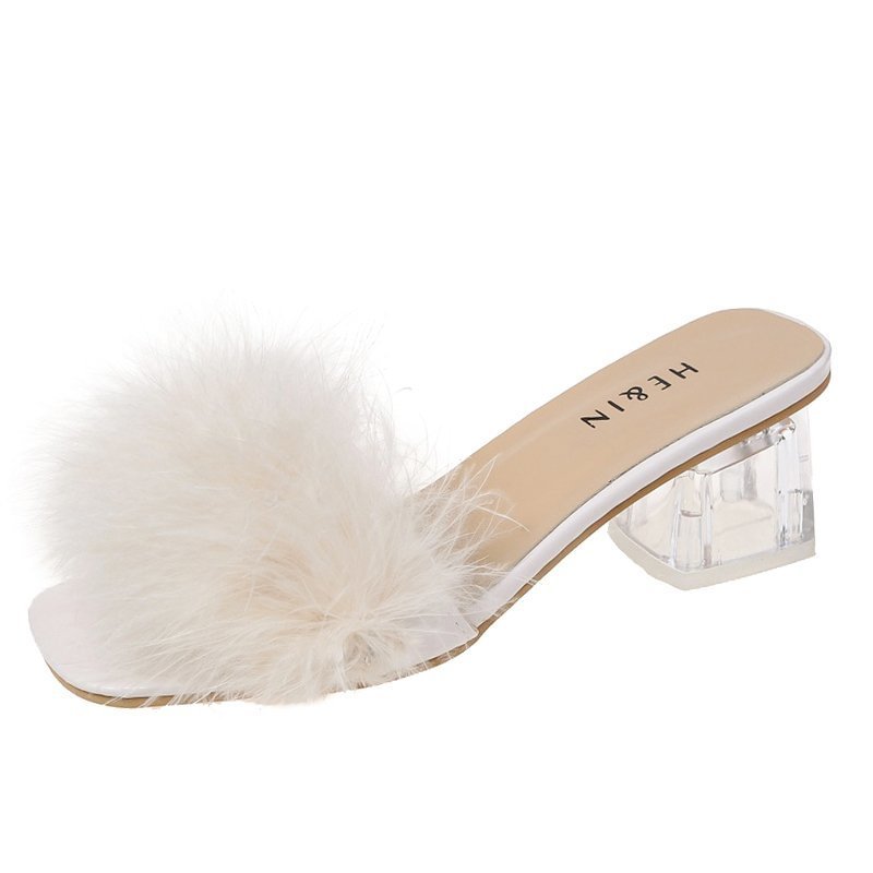 Clear Slippers Women Shoes Woman Mules New Summer Fur Slides Peep Toe Square High Heels Transparent Slippers Shoes Plus Size