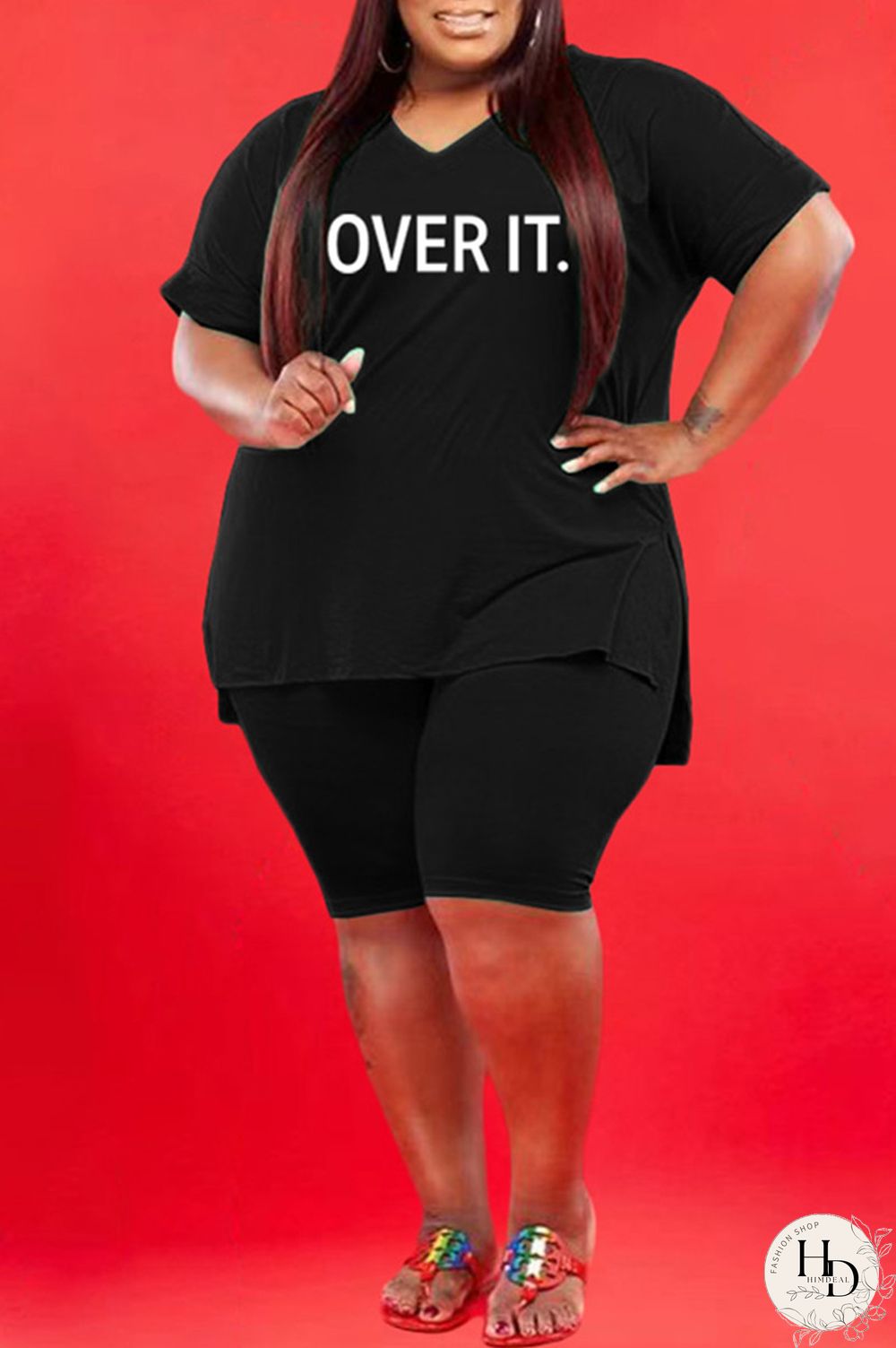 Black Fashion Casual Letter Print Slit V Neck Plus Size Two Pieces