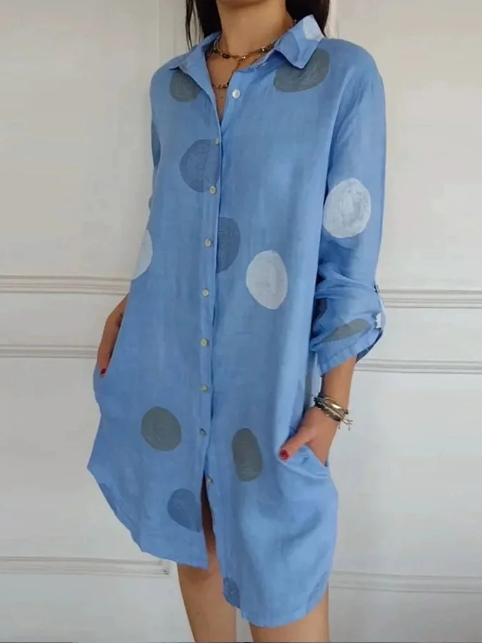 Women's Casual Lapel Long Sleeve Polka Dot Printed Shirt Dress