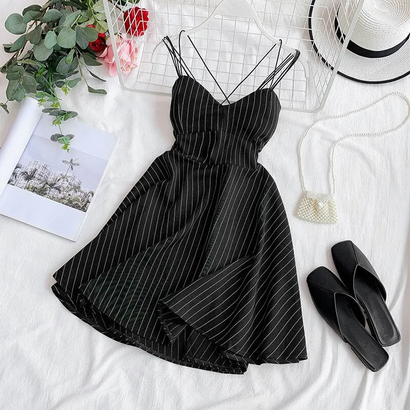 FTLZZ 2020 New Women Sexy V-neck Backless Spaghetti Strap Dress Summer Striped Slim A-line Ladies Sandy Beach Clothes