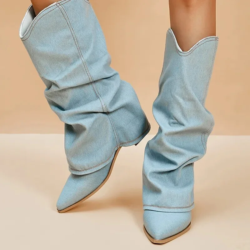 Yyvonne Block Heels Denim Boots for Women 2023 Autumn Pointed Toe Women High Knee Boots Plus Size Fashion Cowboy Woman Boots