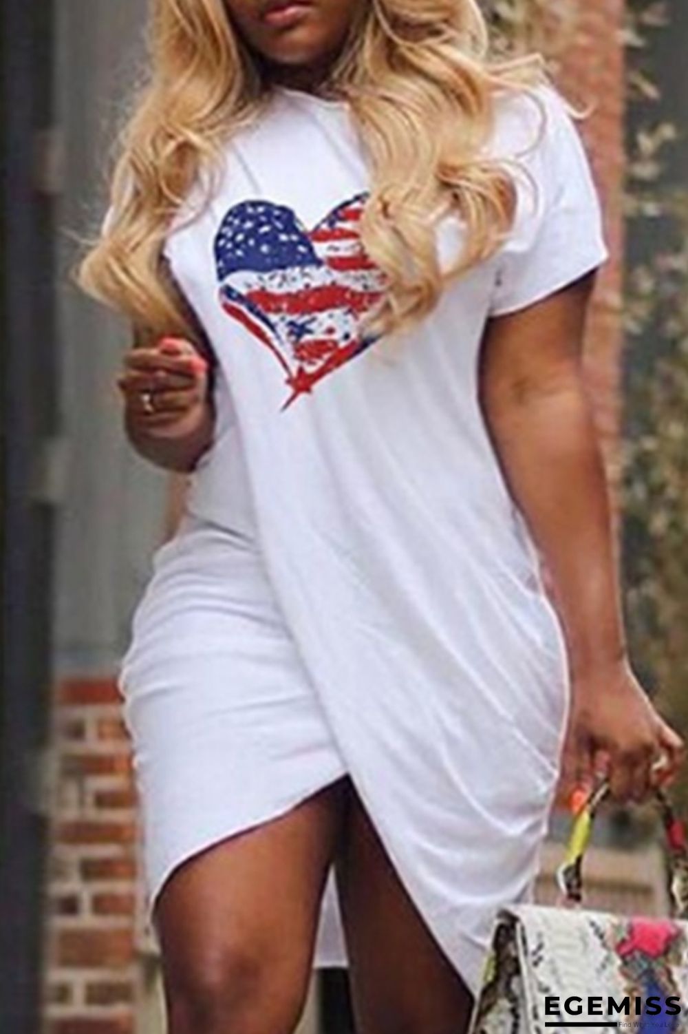 White Fashion Casual Print Patchwork Asymmetrical O Neck Short Sleeve Dress | EGEMISS