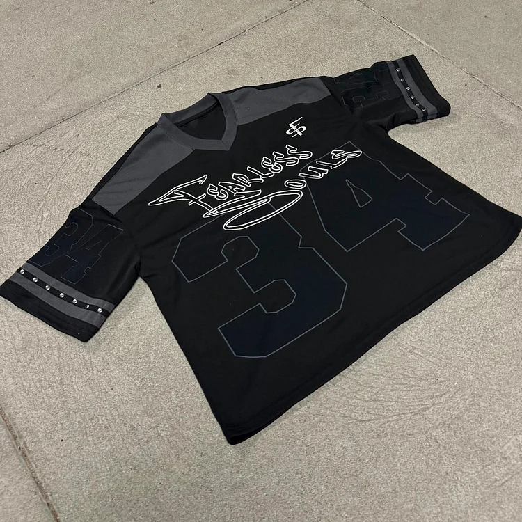 Vintage NO.34 Street  Short Sleeve Graphics Printed Cotton Football V-neck T-Shirt