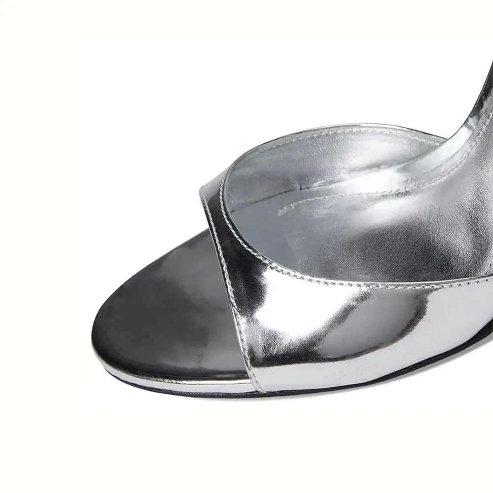 Women's Mirror Patent Leather Ankle Strap High Heel Silver Sandals
