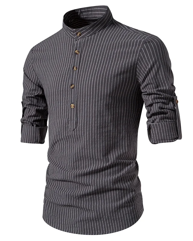Men's Cotton And Linen Classic Striped Long-Sleeved Shirt 0221