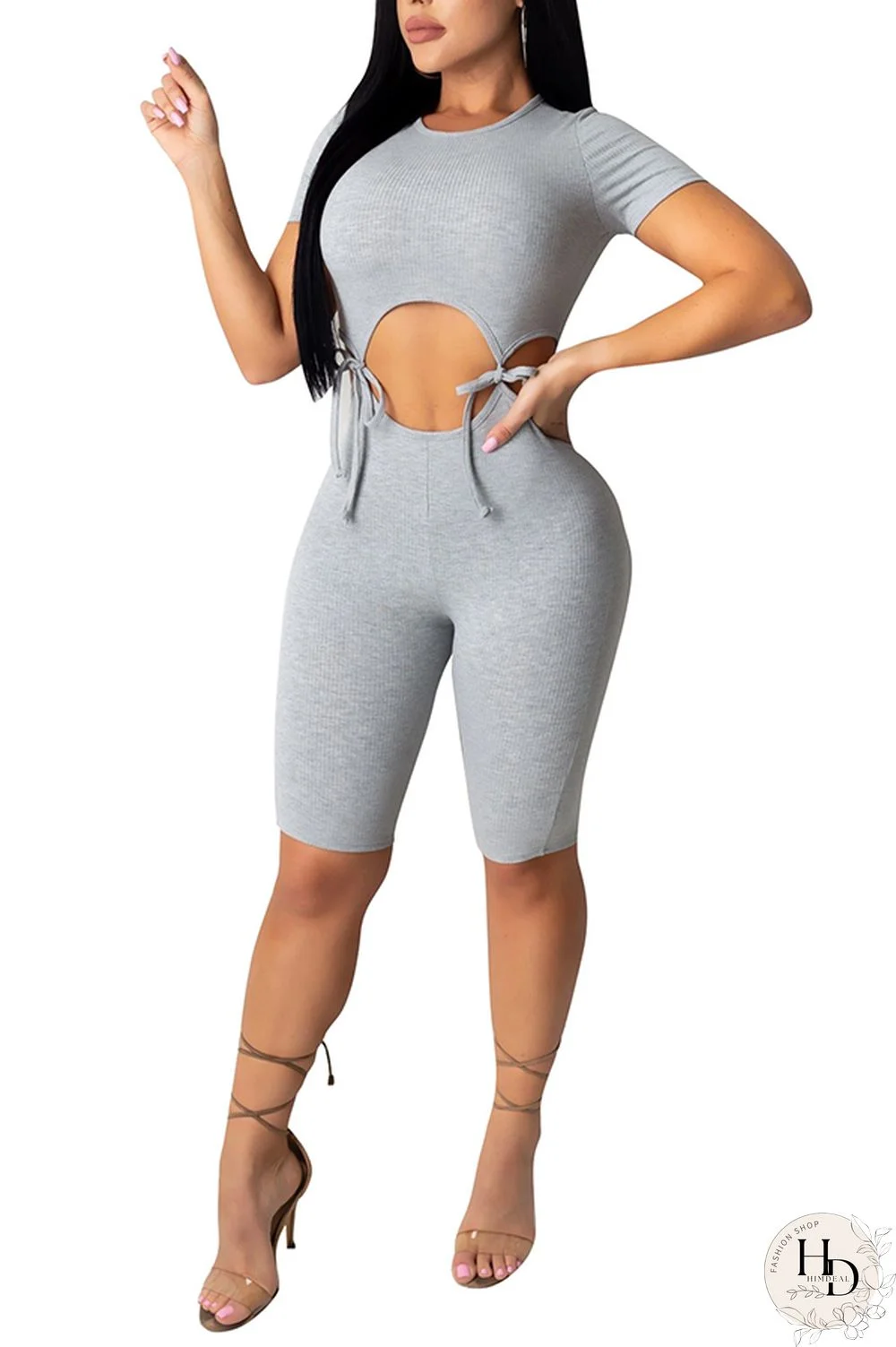 Black Fashion Sexy Patchwork bandage Hollow Solid Polyester Short Sleeve O Neck Jumpsuits