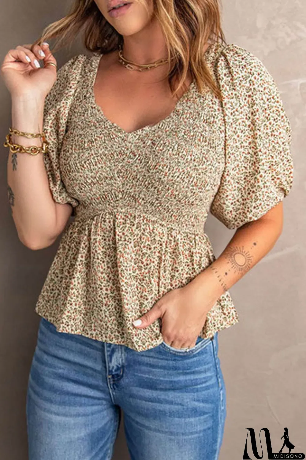 MidiSono - Floral Print Puff Sleeve Smocked Top