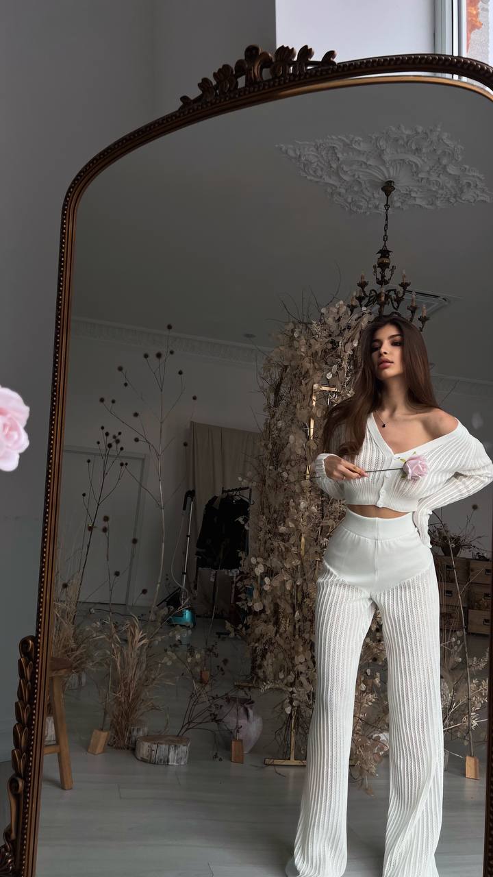 Ootddress Women Casual Knitted Sweater Outfits Buttons See-Through Long Sleeve High Waist Knit Two Piece Fashion Trousers Outfits