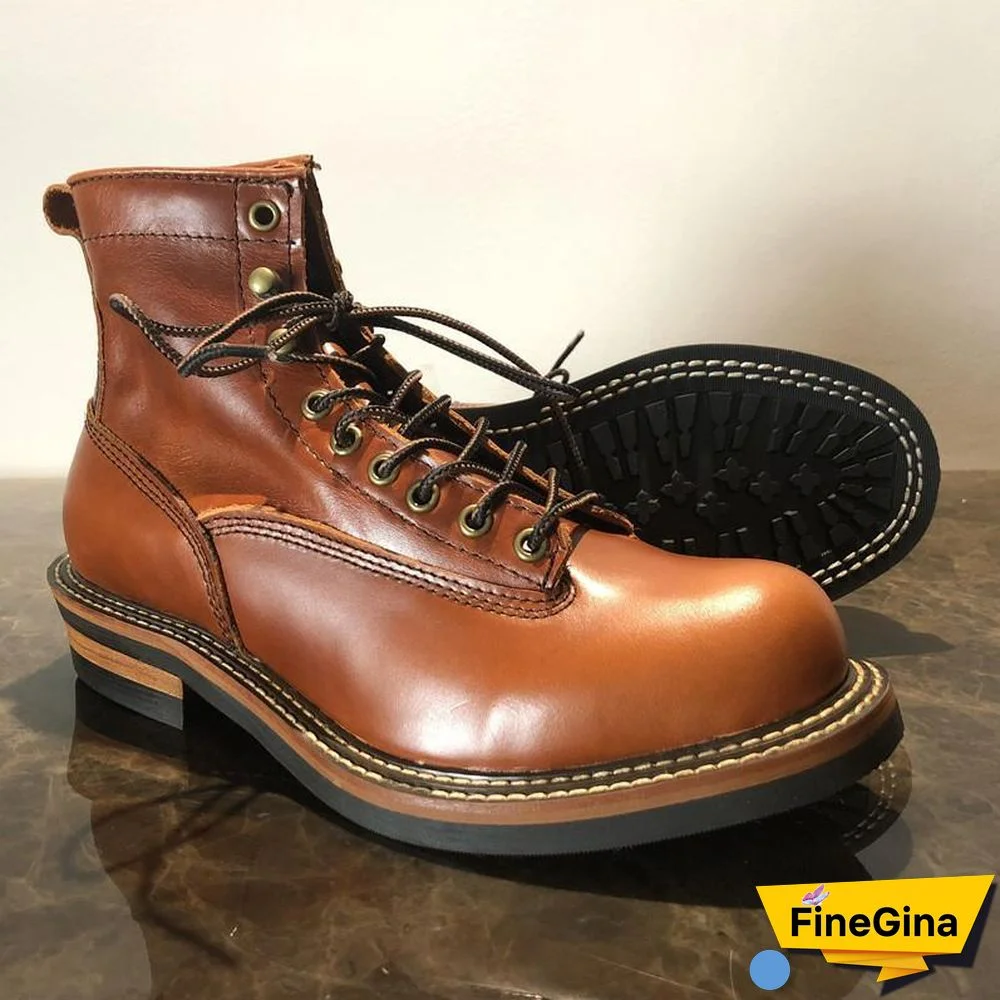 Vintage Lace-Up New Genuine Leather Platform Men Ring Black Red Ankle Boots Dress Work Casual Motorcycle Boots