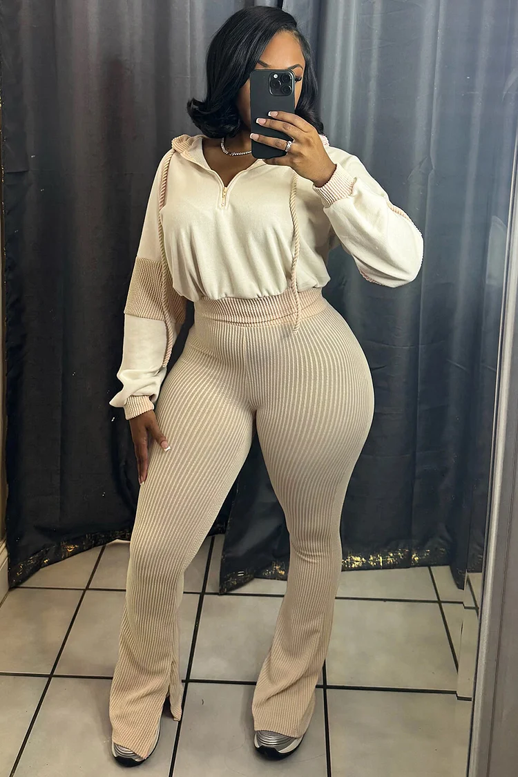 Textured Patchwork Long Sleeve Crop Hoodie Flared Pants Casual 2pcs Set-Pink