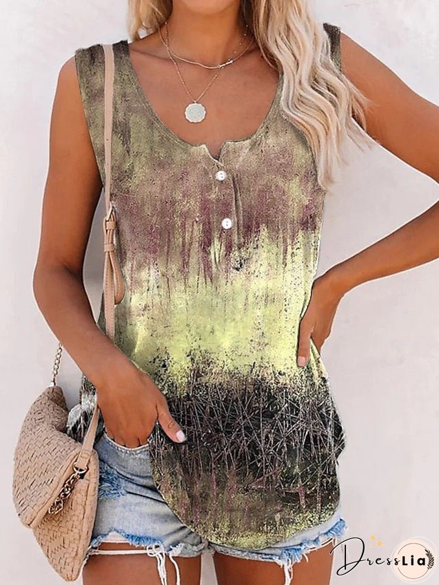 Tank Top Blue Purple Green Graphic Button Print Sleeveless Casual Weekend Basic Round Neck Regular S for Women