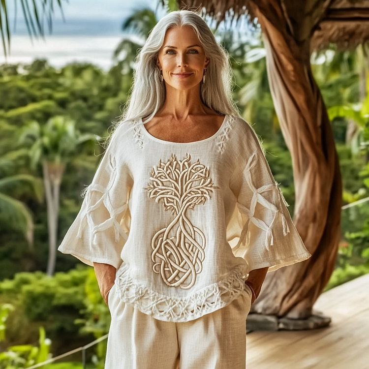 VChics Womens Viking Tribal Tree Of Life Celtic Design Linen Shirt