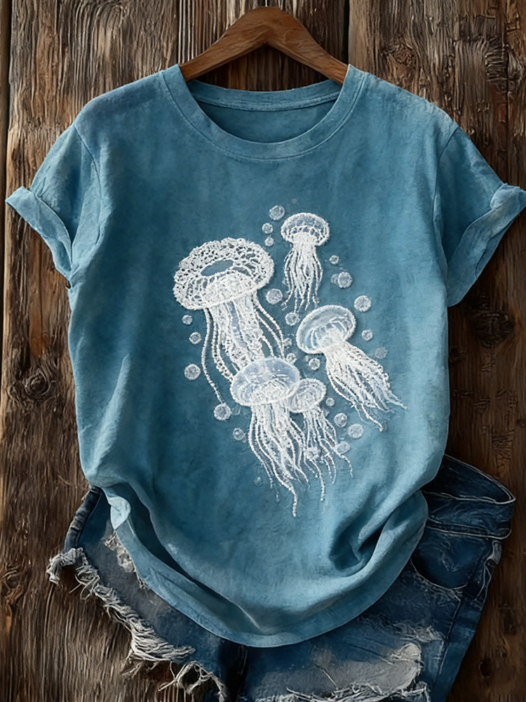 Marine Jellyfish Lace Patchwork Pattern Casual Washed T-shirt wearshes
