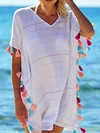 Pompom Triming Short Sleeves Cover-Ups Tops