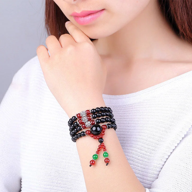 108 Beads Natural Black Obsidian Tiger Eye Mala Necklace Bracelet