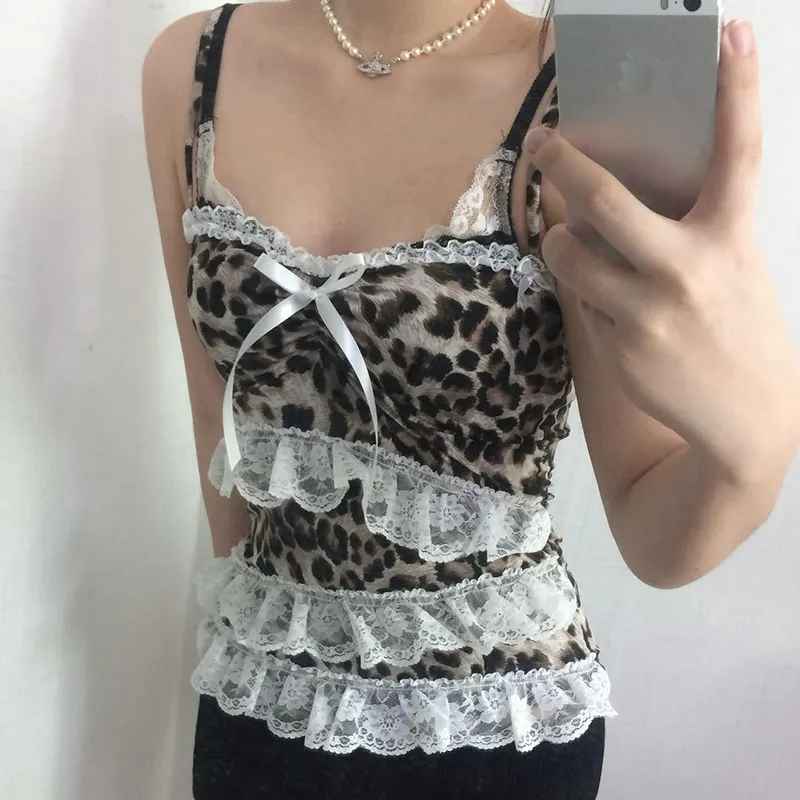 Churchf Churchf Girl Sexy Lace Lace Sling Small Vest Female 2024 Summer Leopard Print New Top