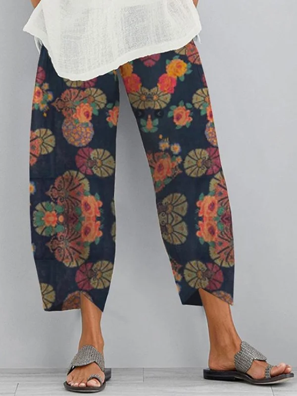 Flower Print Pockets Split-Joint Loose Trousers Pants