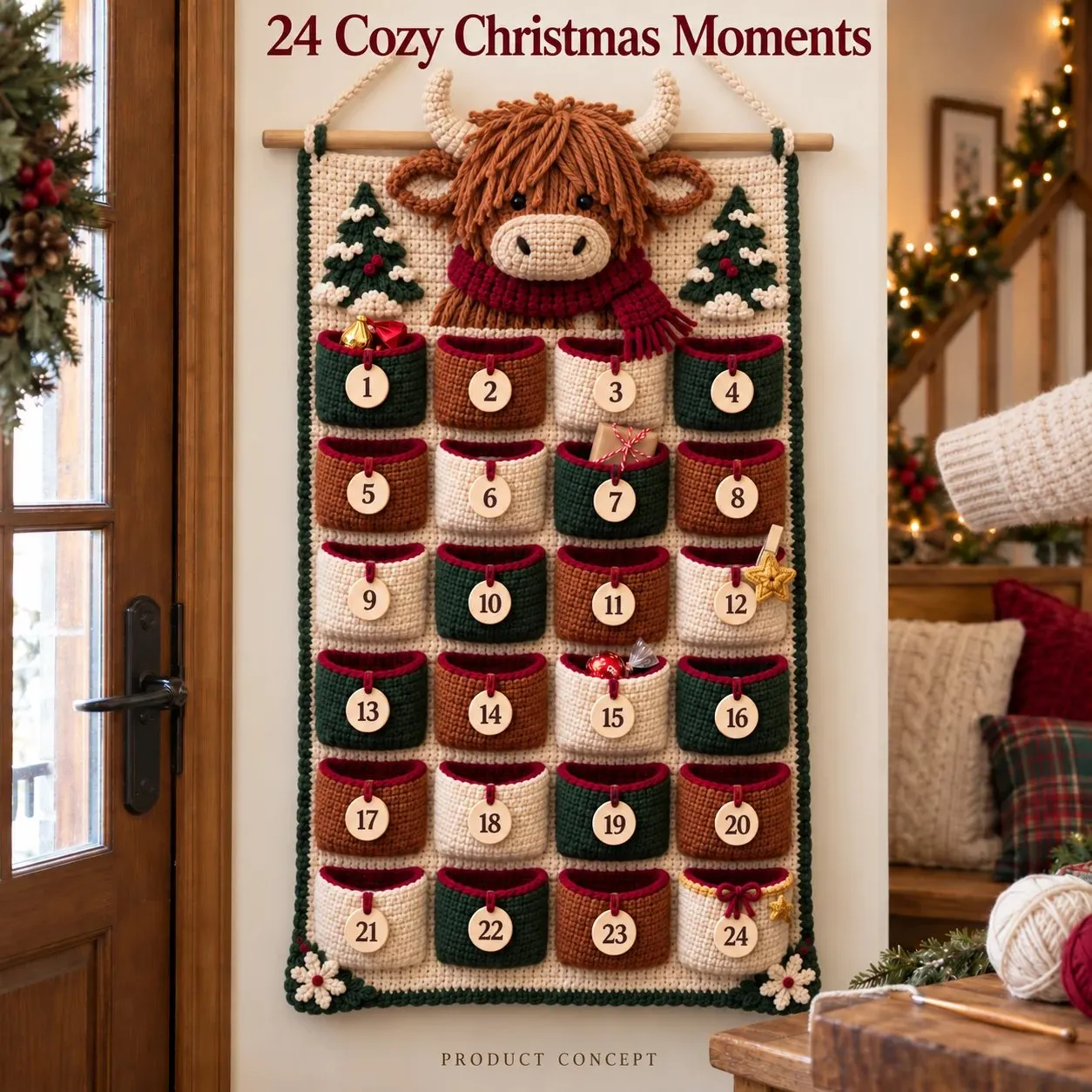 Finished Highland cattle design of the crochet Advent calendar