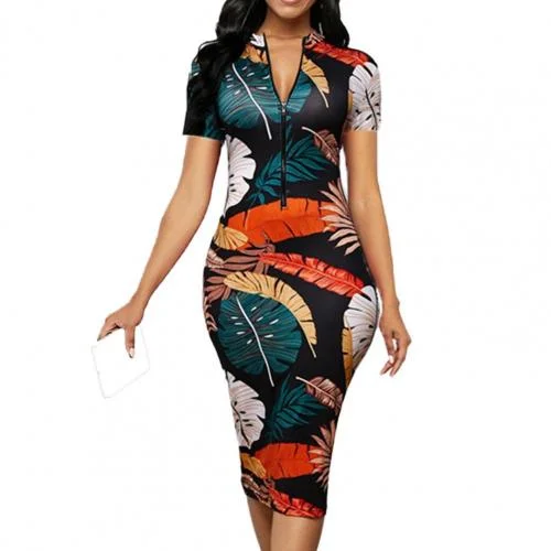 Summer Dress for Women Elegant Vintage Printing Deep V Neck Polyester Short Sleeve Slim Ladies Bodycon Midi Dresses