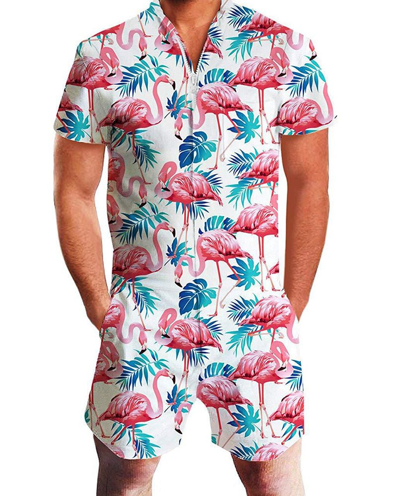 Hawaiian Short Sleeve Print Jumpsuit