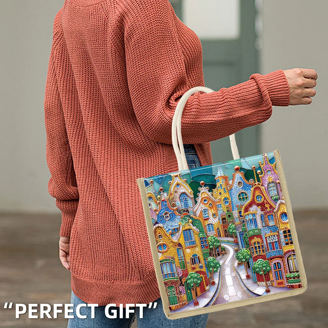 Fairy Tale Town DIY Diamond Painting Tote Bag for Adults Women Diamond Painting Kit Handbag for Casual Shopping Travel Daily Use Gift