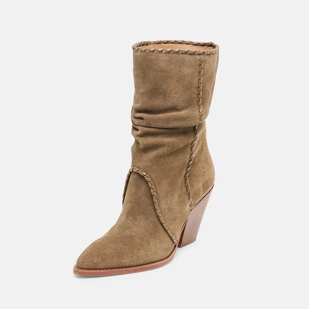 Brown Pointed Toe Chunky Heel Slouchy Pleated Pull On Boots for Women
