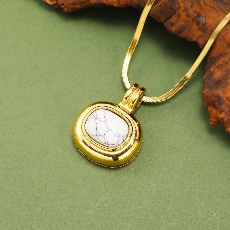 Titanium Steel IG Style Minimalist Oval Plating Inlay Turquoise Opal Tiger Eye Pendant Necklace