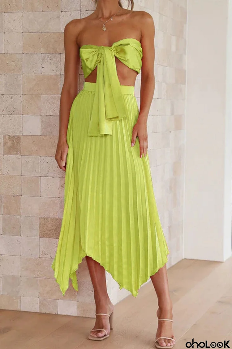 Tie-front Strapless Crop Top Pleated Skirt Suits