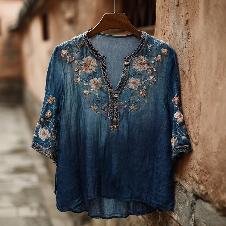 VChics Western-style Plant And Flower Elements Casual V-neck Linen Short-sleeved Shirt
