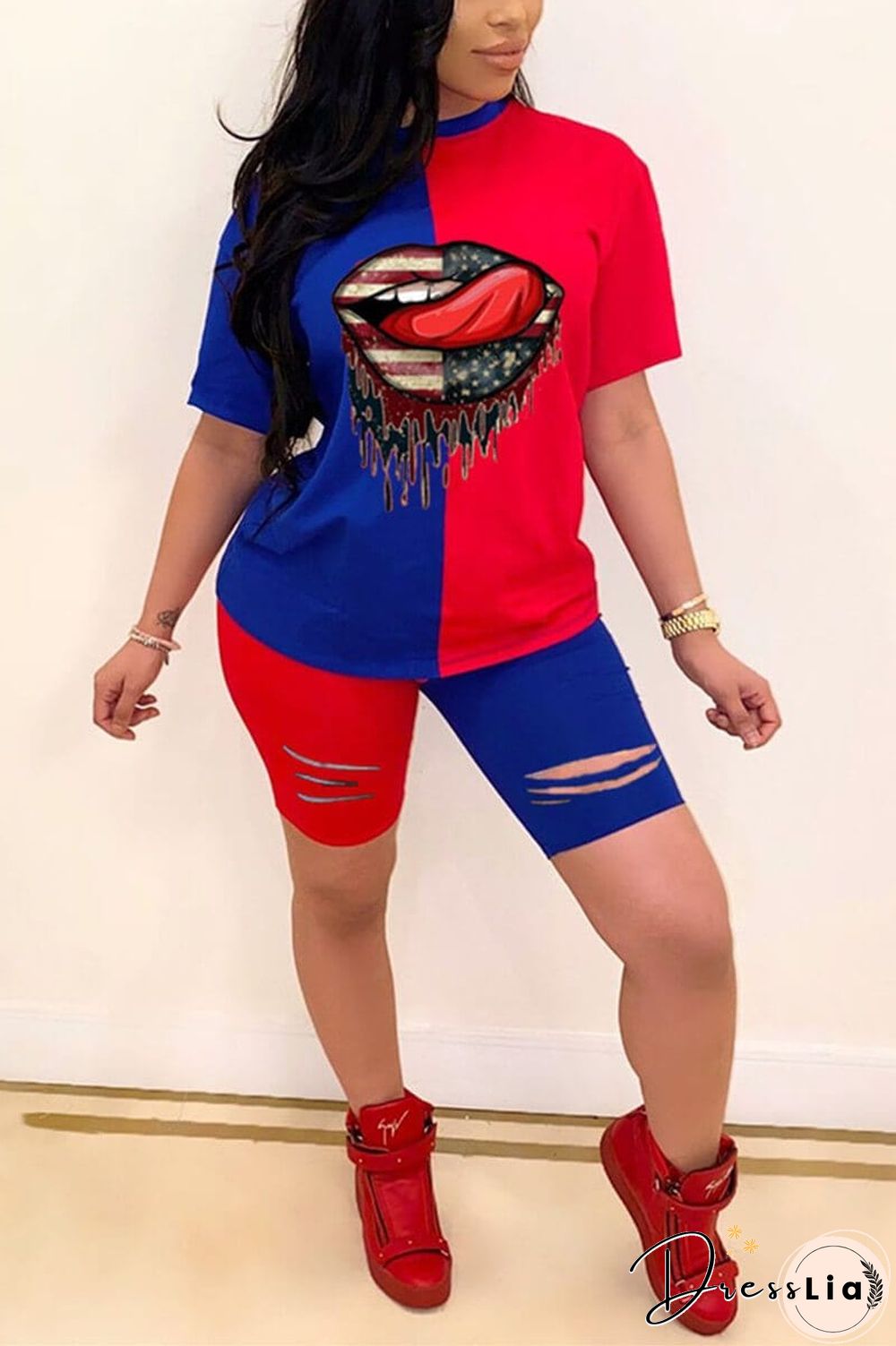 Casual Printed T-Shirt  Patchwork Set