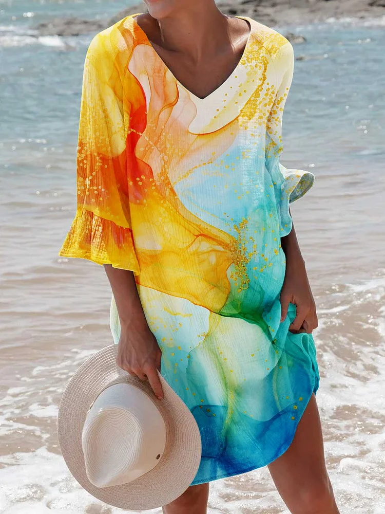 Women's Watercolor Splash Fluid Art Print Flowy Dress