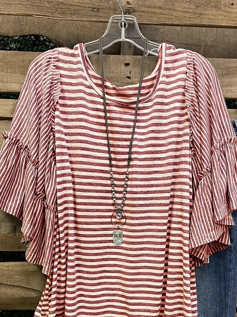 Women Half Sleeve Scoop Neck Striped Stitching Tops