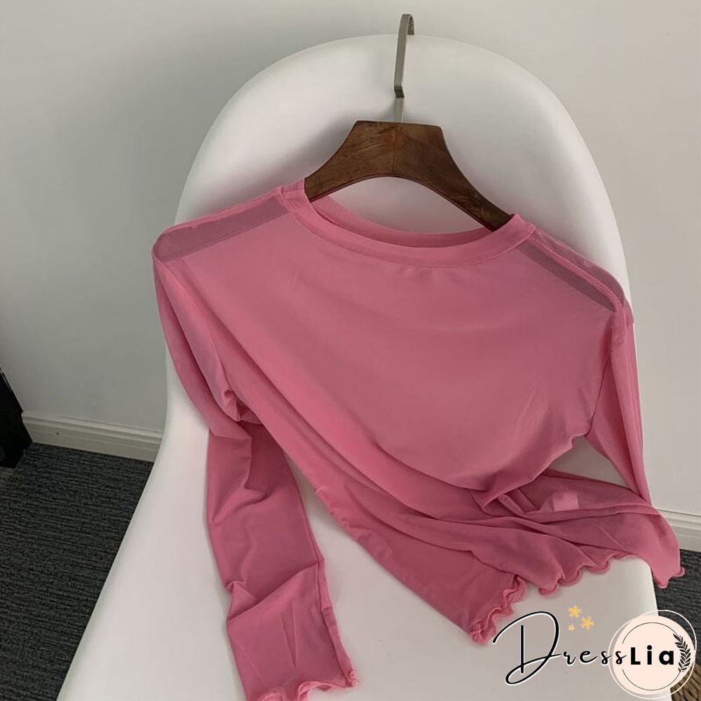 Oumea Women Beach Cover-Up Sheer Mesh Top Beach Wear Hawaiian Mesh Shirt Long Sleeve Casual Candy Color Solid Sweet Mesh Top