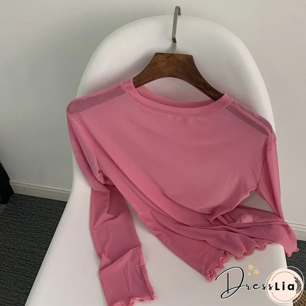 Oumea Women Beach Cover-Up Sheer Mesh Top Beach Wear Hawaiian Mesh Shirt Long Sleeve Casual Candy Color Solid Sweet Mesh Top