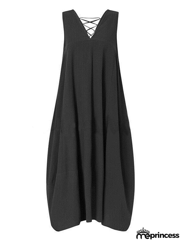 Women's Deep V Neck Pocket Backless Lace Up Loose Beach Dress