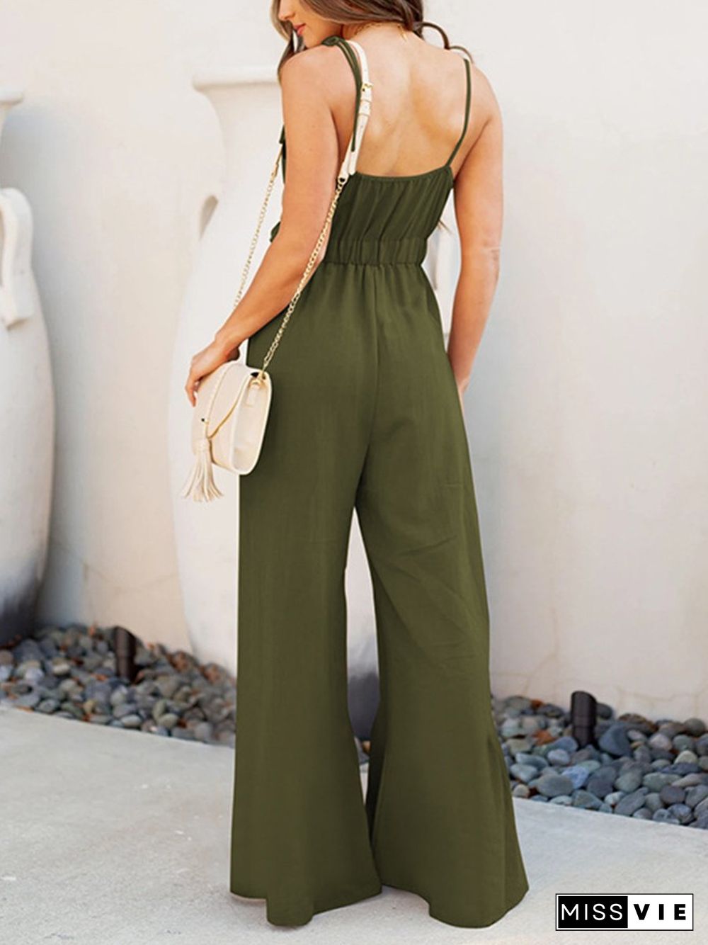 Sexy Patchwork Solid Draw String Flounce V Neck Regular Jumpsuits P14664