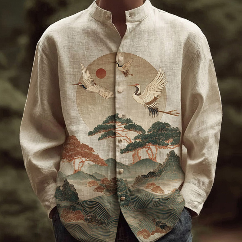 Men's Japanese-style Casual Shirt With Landscape And Crane Pattern  artssus