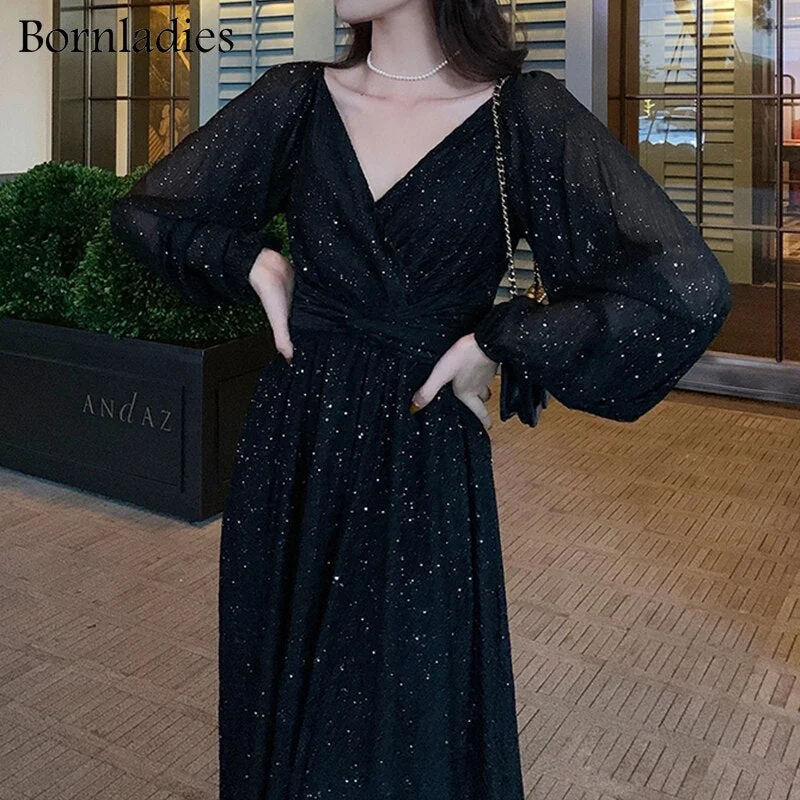 Bornladies Elegant Sexy Solid Slim Kinked High Waist Female A-line Dress Vintage V-neck Pleated Party Vestidos Women Long Dress