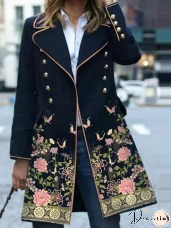 Women's Coats Vintage Print Lapel Button Long Sleeve Coat