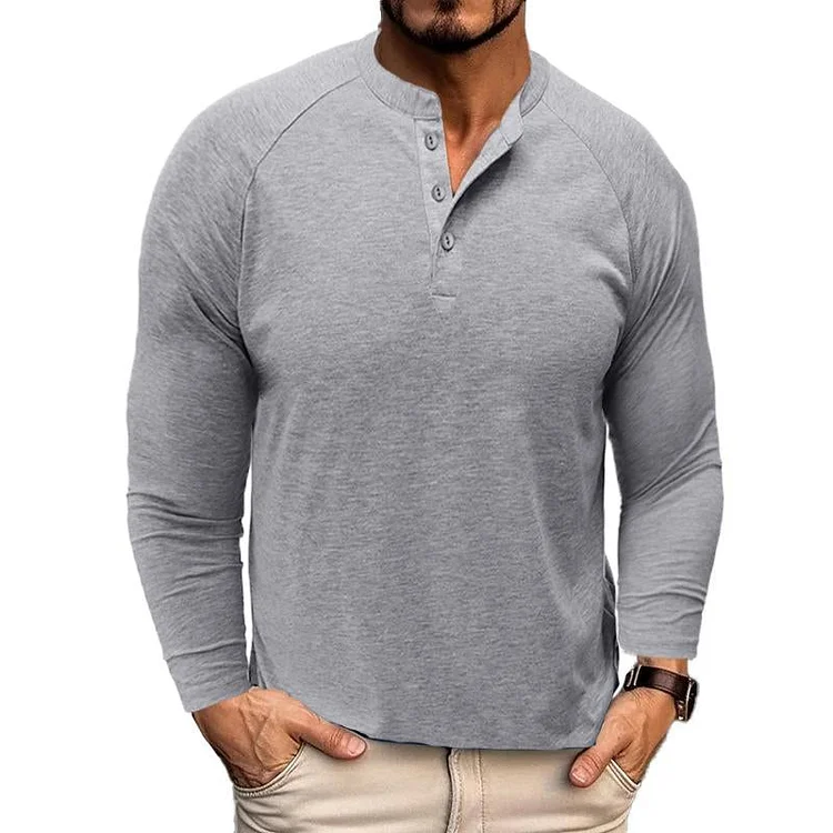 Men's Casual Solid Color Henley Collar Raglan Long Sleeve T-Shirt 50906105Y