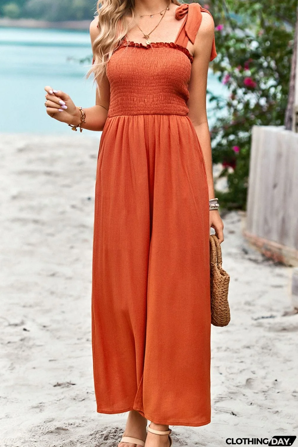 Frill Trim Tie Shoulder Wide Leg Jumpsuit with Pockets