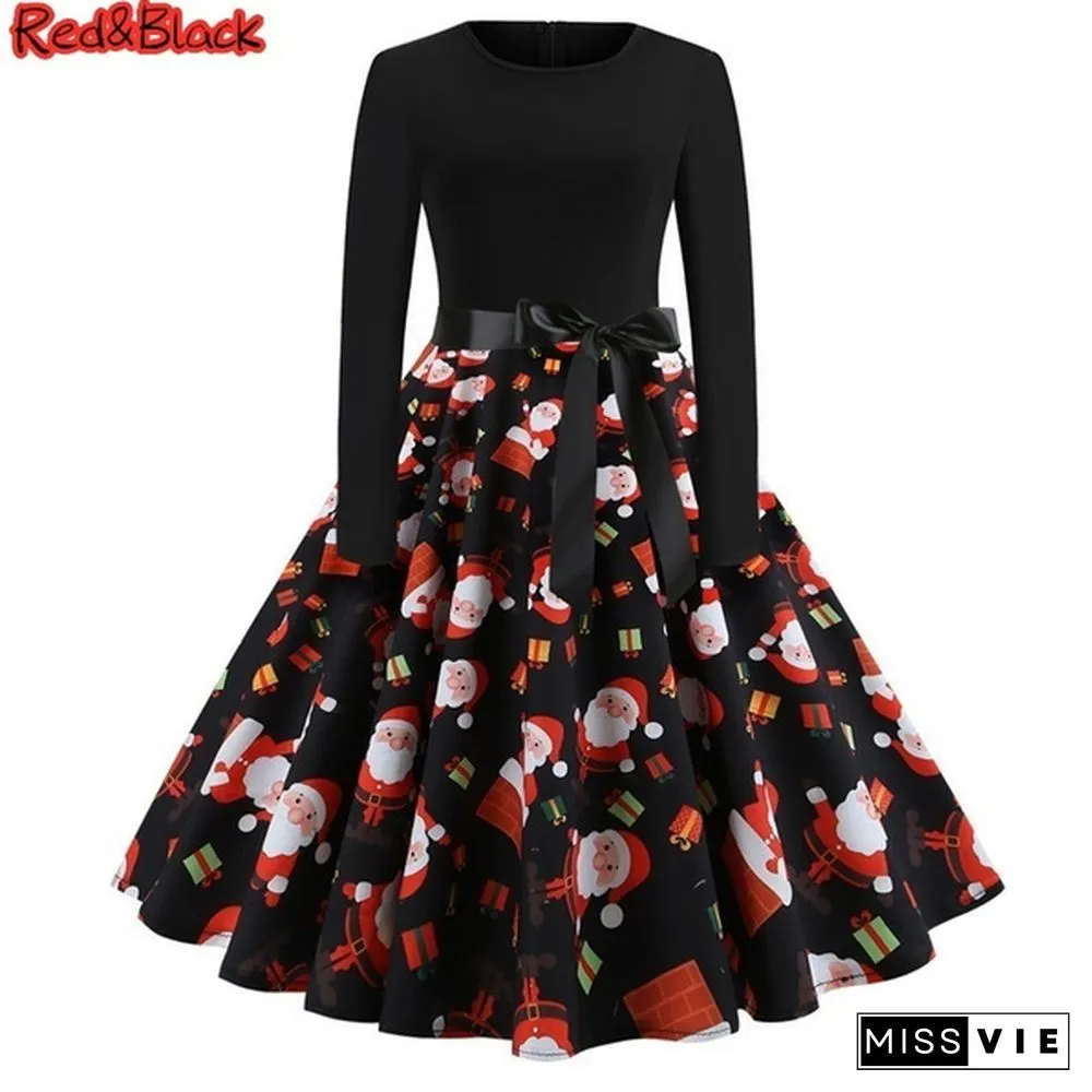 Fashion Women Christmas Swing Party Dress Printing Long sleeve Festival prom belt evening