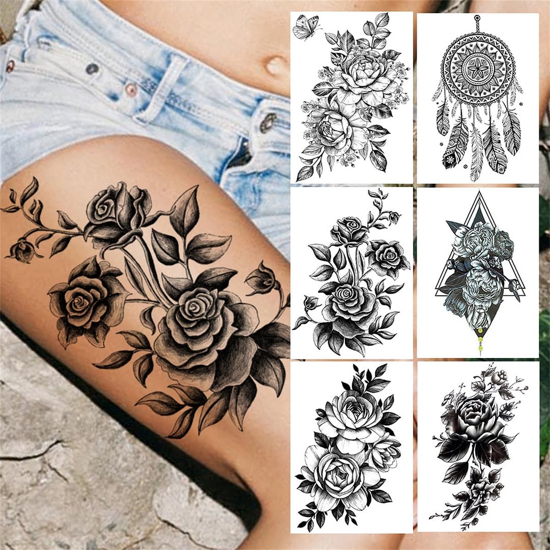 Sexy Girl 3D Flower Rose Temporary Tattoos For Women Black Dreamcatcher Tattoo Sticker Realistic Fake Peony Large Tatoos Paste