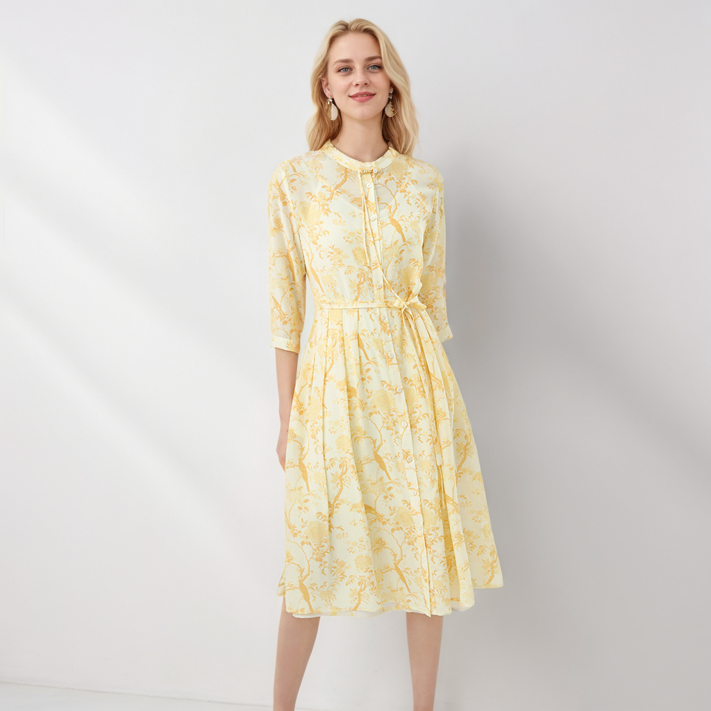 Fresh-style Lightweight Gauze Silk Dress with Prints for Casual Outings REAL SILK LIFE