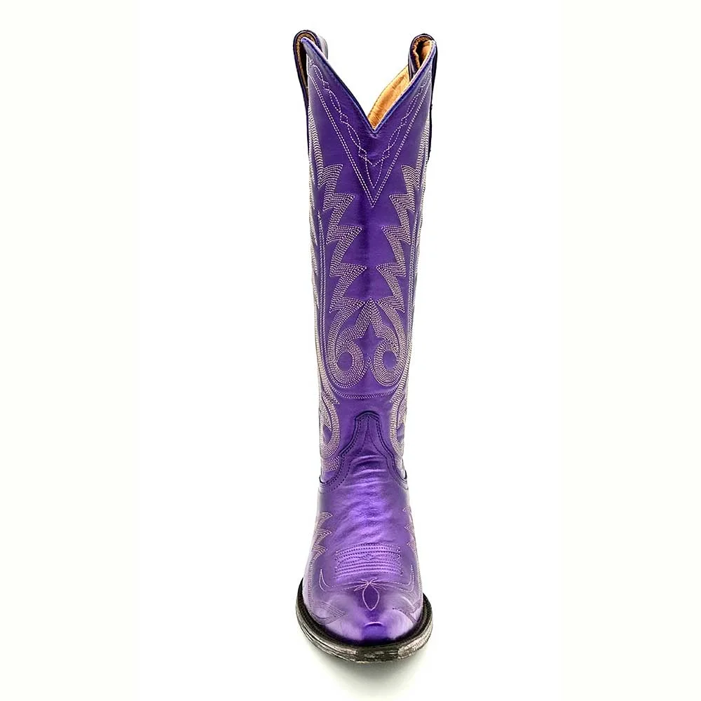 Mid Calf Snip Toe Embroidered Metallic Purple Cowgirl Boots for Women