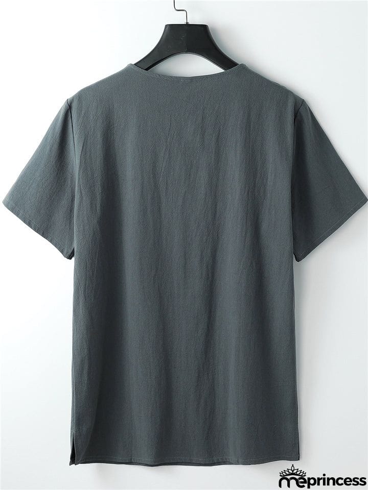 Laid-Back Style Notched Neck Button Detailing Soft Cotton Set T-Shirt + Drawstring Pants