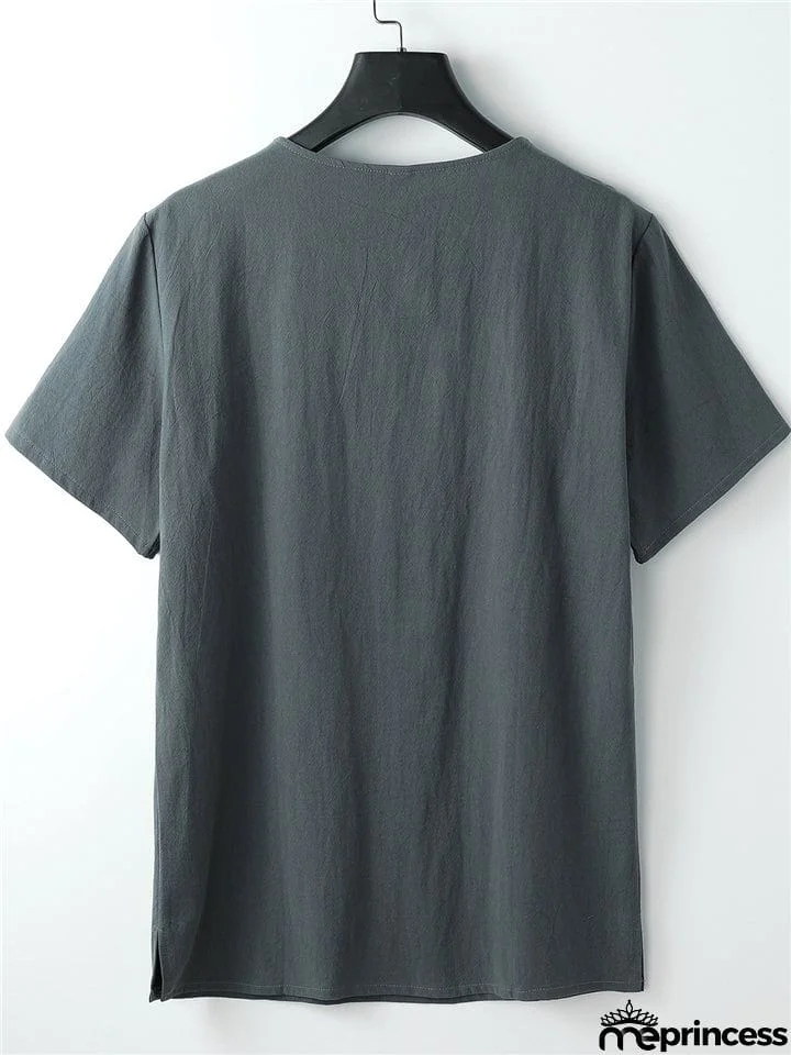 Laid-Back Style Notched Neck Button Detailing Soft Cotton Set T-Shirt + Drawstring Pants