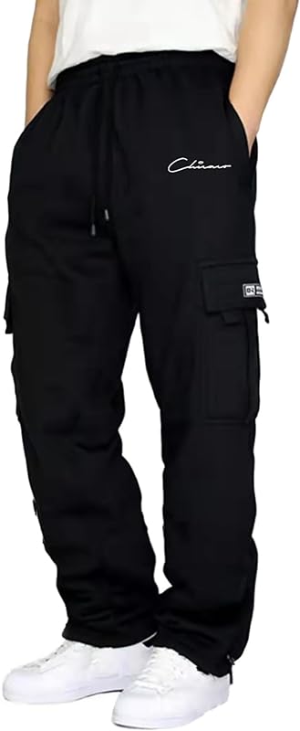 Men's Heavyweight Cargo Fleece Sweatpants Stretch Elastic Waist Trousers Drawstring Loose Fit Joggers With Pockets